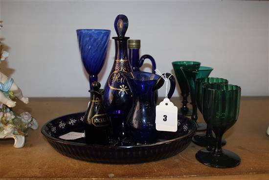 Collection19C Bristol blue & green glassware, inc Rum decanter, Ketchup bottle, table glasses etc (10)